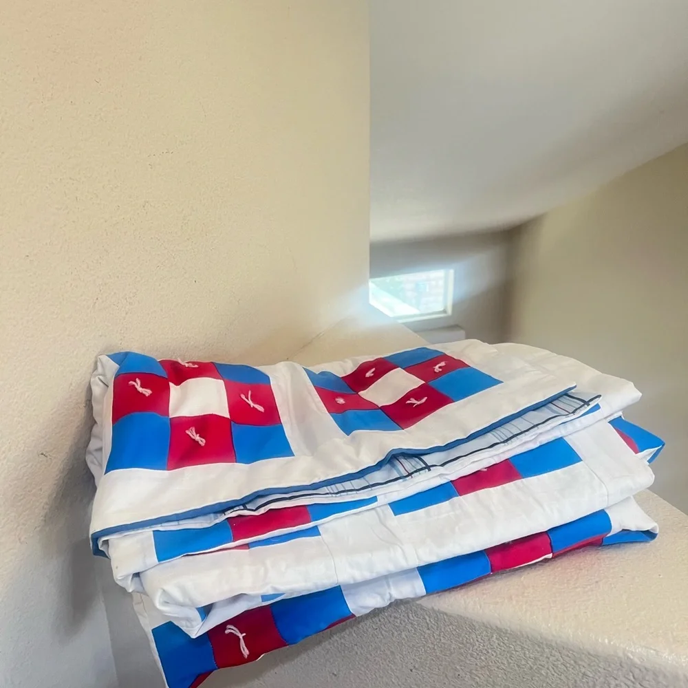 VNTG Handmade Cotton Red White Blue Colorful King Size Quilt Top  91 x 75‎